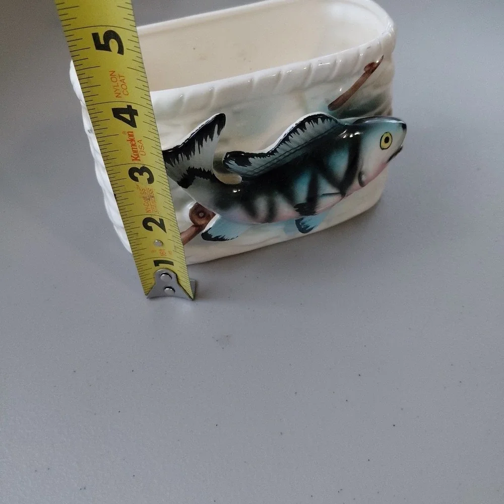 VTG 3D Ceramic Trout Salmon Planter Trinket Sportsman Fishing‎ Rod MCM Man Cave